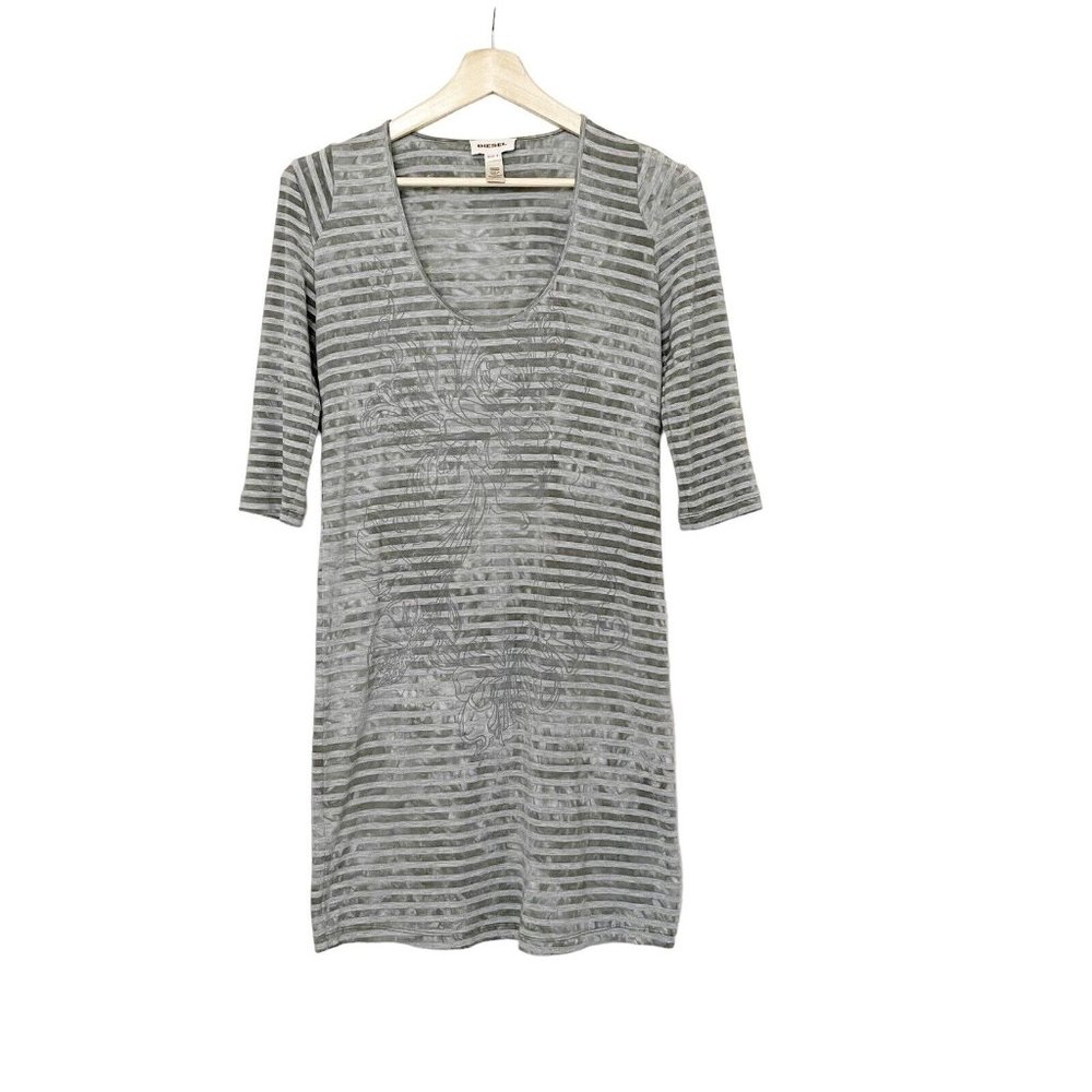 DIESEL Womens Small Knit Dress Scoop Neck Striped TieDye Art Print 3/4 Sleeve
